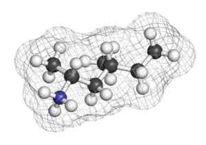 Methylhexanamine (dimethylamylamine, DMAA) stimulant molecule. 3D rendering. Atoms are represented as spheres with conventional colour coding: hydrogen (white), carbon (grey), nitrogen (blue). Shutterstock
